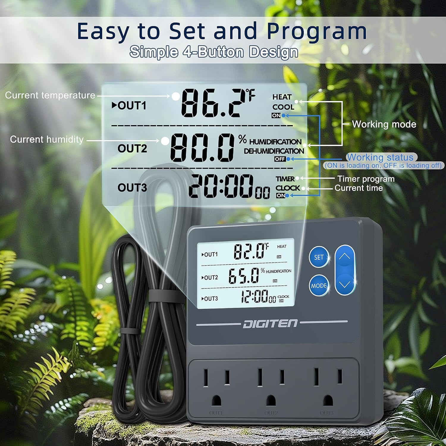 DIGITEN Reptile Temperature and Humidity Controller with Timer Outlet, Day-Night Function Thermostat, 3-Stage Outlet Plug in Temperature Controller for Reptile, Mushroom, Homebrew