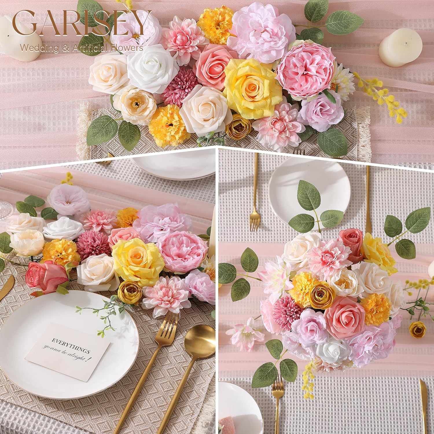 Artificial Flowers Combo, Mix Silk Flowers Roses, Peonies, Dahlias with Stems for DIY Wedding Bridal Bouquet, Baby Shower, Table Centerpieces, Home Decor, Floral Arrangements-Pink Yellow