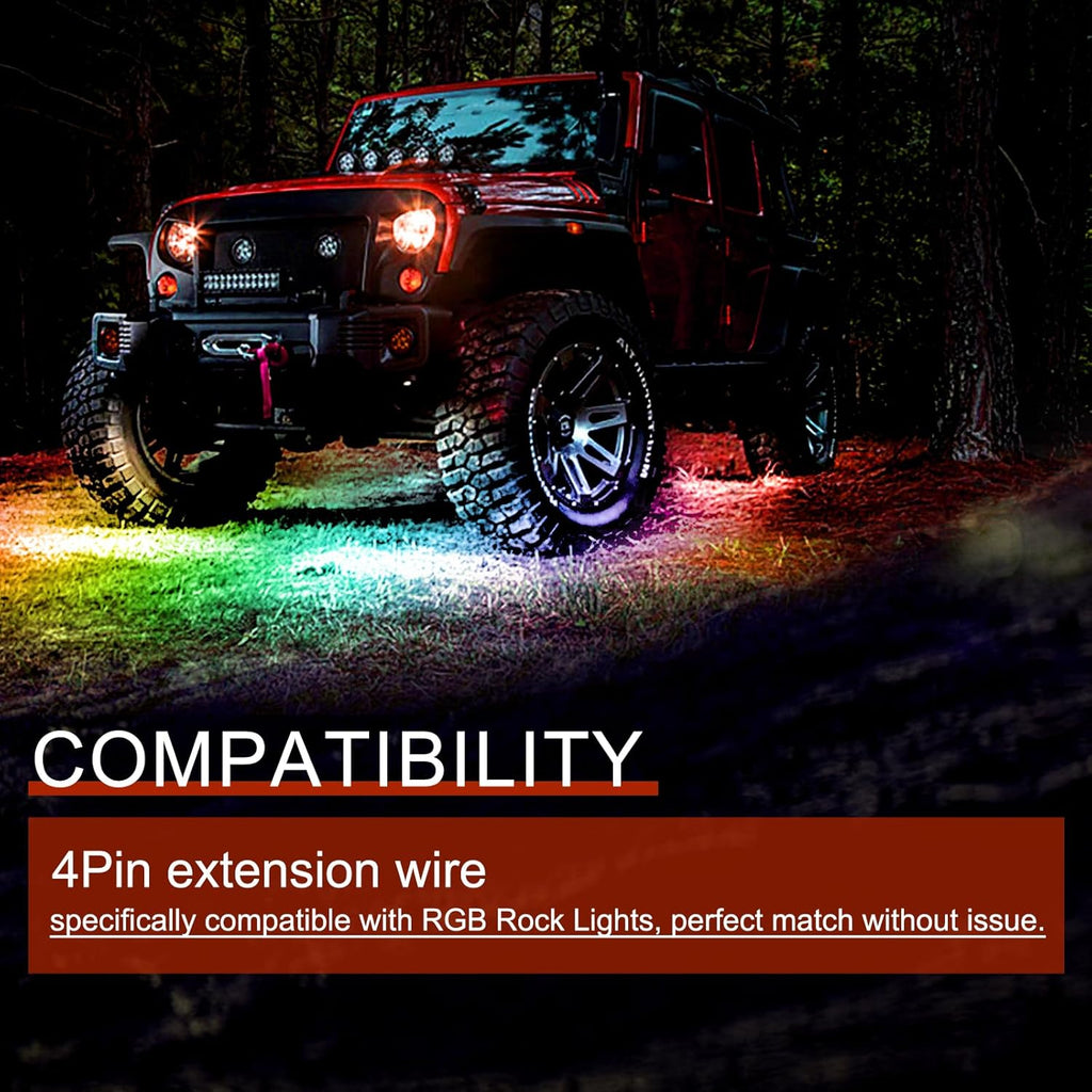 2 PCS 10FT 4 Pin Rock Light Extension Cable, RGB Wheel Well Lights Extension Cable for Trucks ATV Car, Extension Wire for 4 and 8 Pods RGB Rock Light