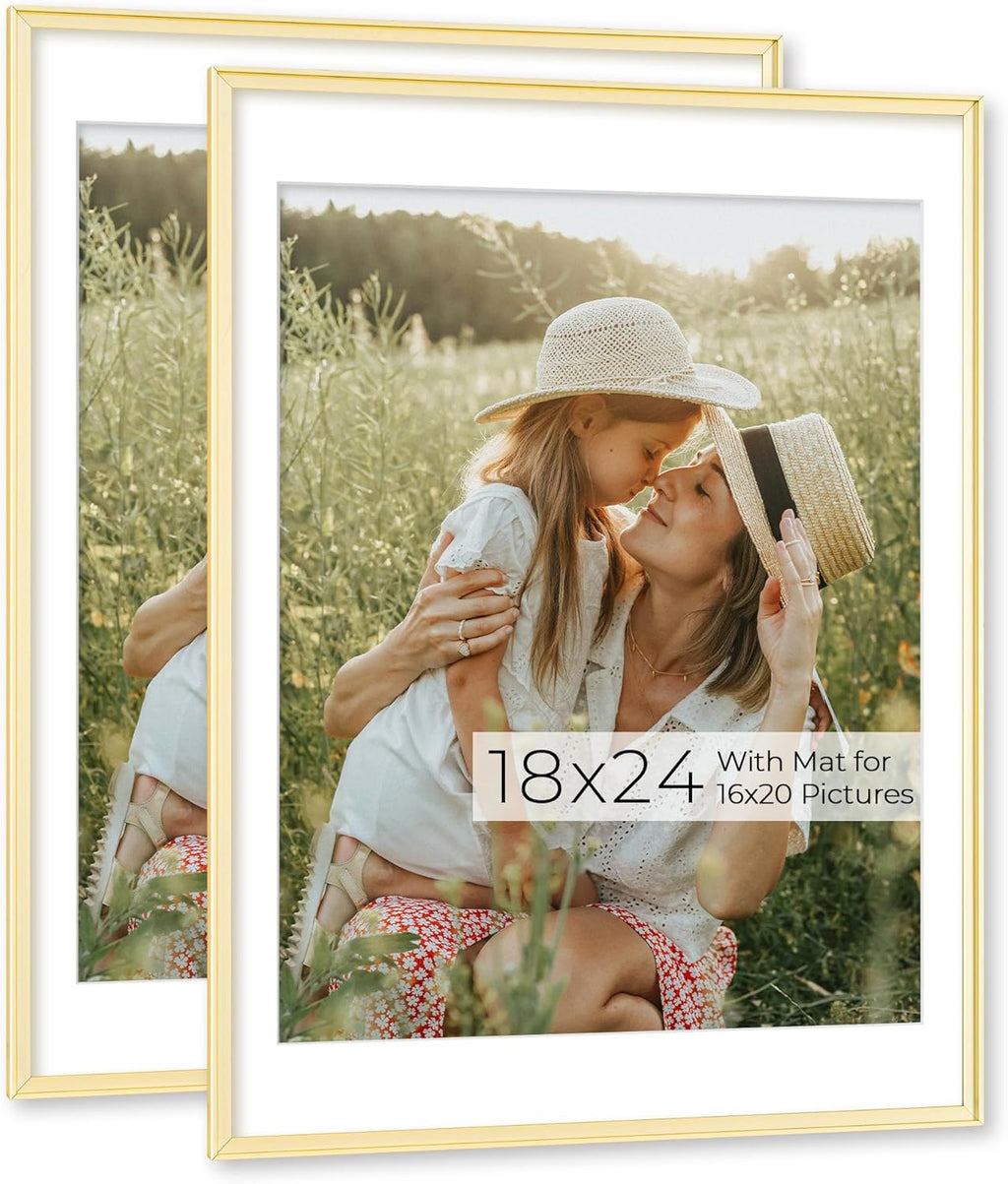 RICHFOCUS Aluminum Picture Frame - 18x24 Gold Metal Frame with Mat for 16x20 Photo, Floating Frame with Tempered Glass - Poster Frame Wall Hook Included for Gallery Wall, Set of 2