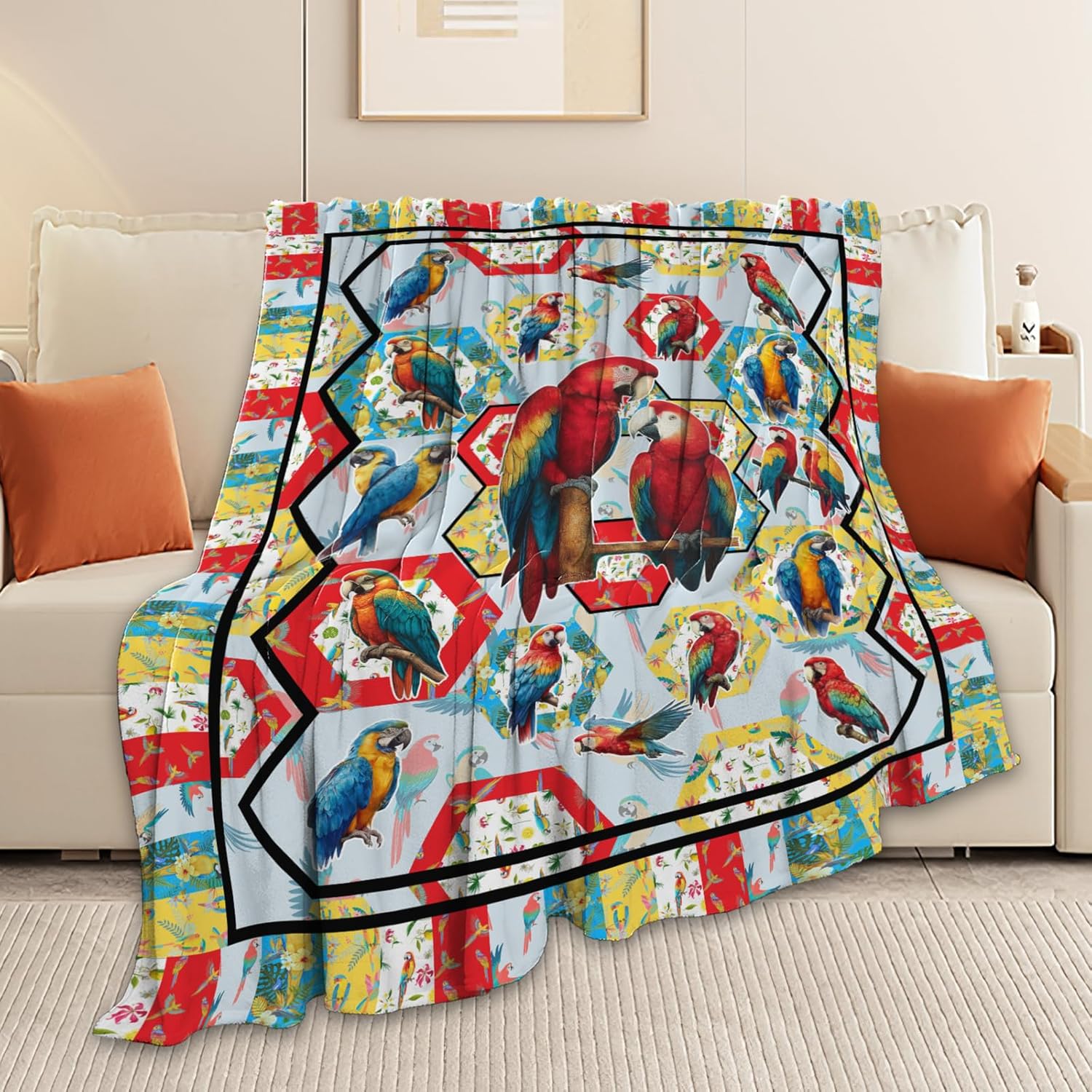Parrot Bird Throw Blanket Macaw Stuff Gifts for Kids Girls Boys Adults Women Men Soft Cozy Warm Plush Fluffy Fuzzy Fleece Blanket Decor 50''X60''