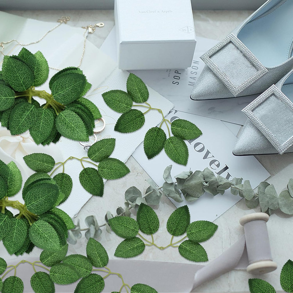 100PCS Artificial Green Leaves Faux Bulk Rose Leaves Silk Rose Flower Greenery Leaves for DIY Wedding Bouquets Centerpieces Bridal Shower Party Decorations Rose Vine Wreath Garlands Supplies Decors