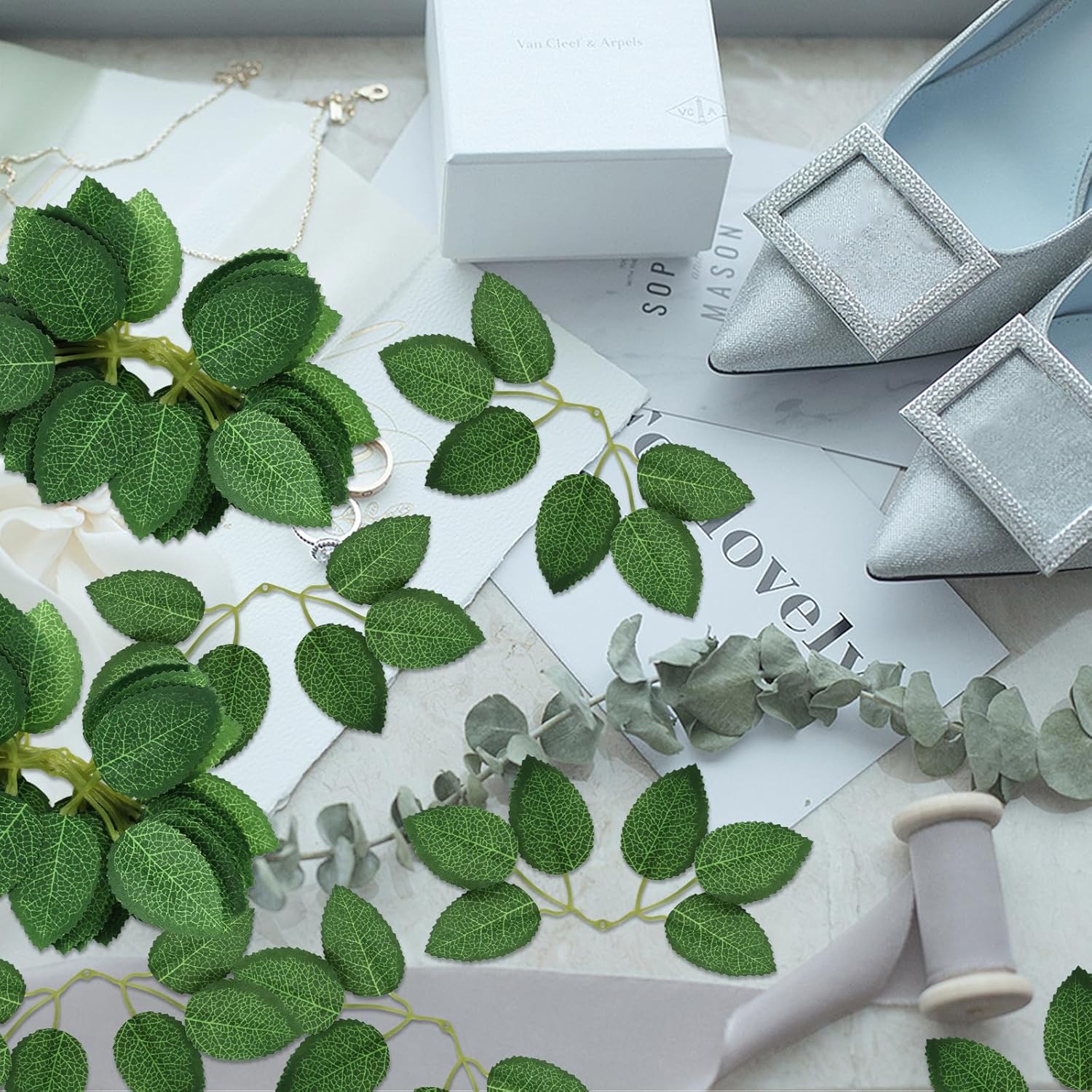 100PCS Artificial Green Leaves Faux Bulk Rose Leaves Silk Rose Flower Greenery Leaves for DIY Wedding Bouquets Centerpieces Bridal Shower Party Decorations Rose Vine Wreath Garlands Supplies Decors