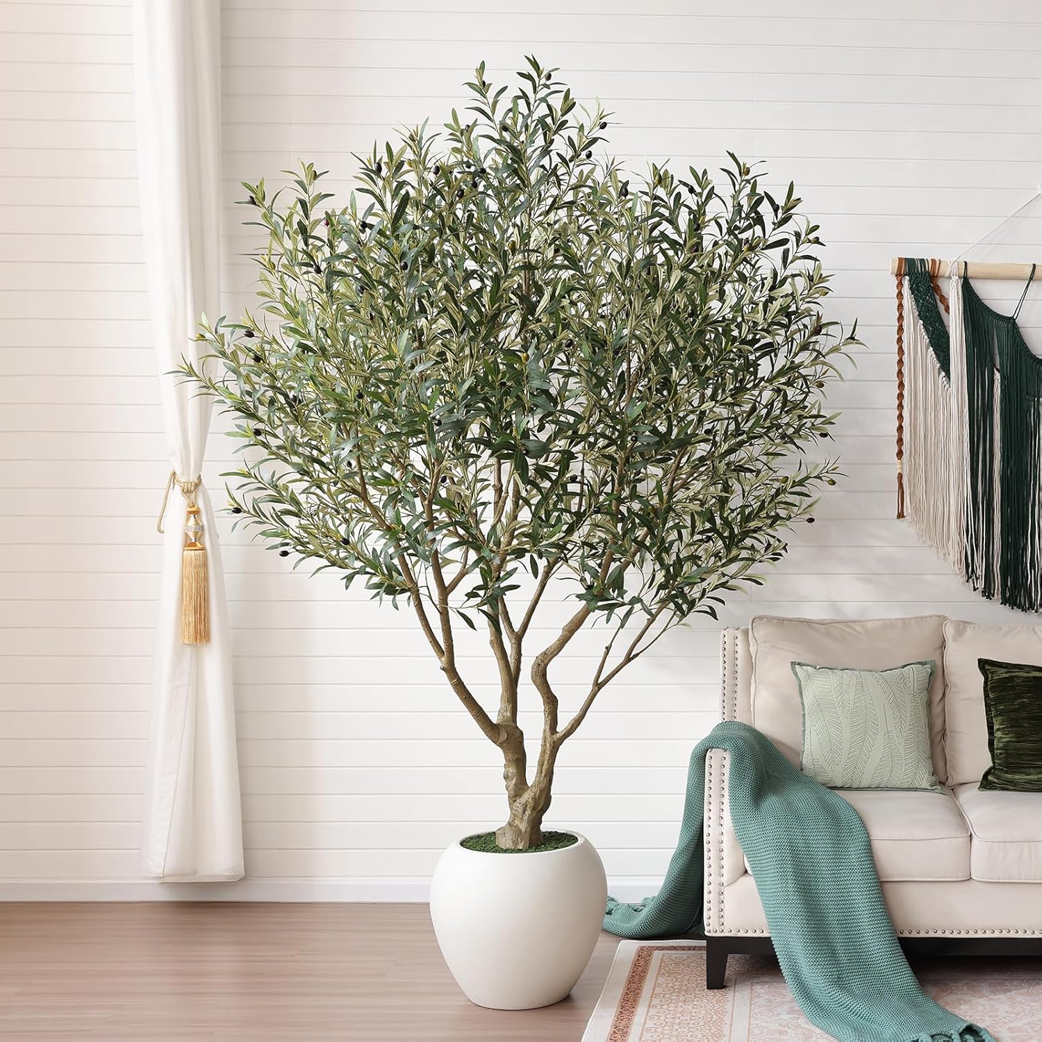 Artificial Olive Tree 8FT Faux Plant Home Decor - Large White Pot with Lifelike Silk Leaves, UV Resistant & No Maintenance - Indoor Outdoor Fake Tree for Modern Office Living Room,VN206