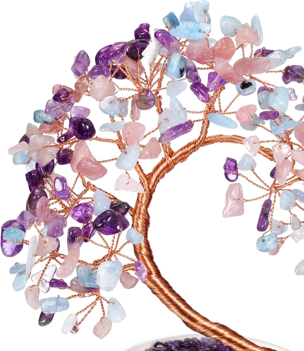 GEHECRST Healing Crystal Heart Tree Handmade Amethyst Rose Quartz Aquamarine Crystal Gemstone Money Tree Feng Shui Ornament for Home Office Desk Decor Gifts for Mom Women Christmas