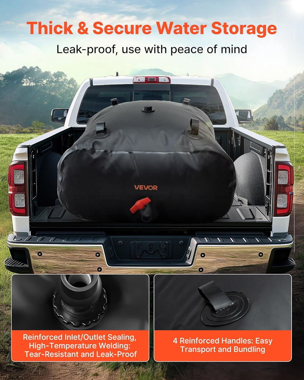 VEVOR Water Storage Bladder, 87 Gallon (330L) Water Storage Container Tank, 1000D PVC Large Capacity Soft Bag Bladder, Collapsible Portable for Garden Irrigation, Camping, RVs, Emergency Use - Black