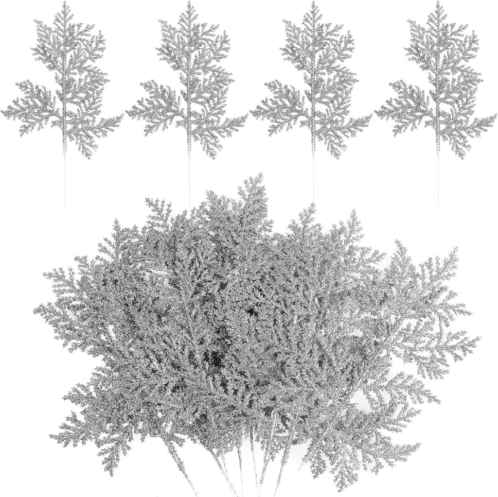KIMOBER 20PCS Christmas Artificial Pine Needles,Glitter Silver Fake Floral Spray Picks Branches Twig for Xmas Tree Wreath Wedding Bouquet Decoration