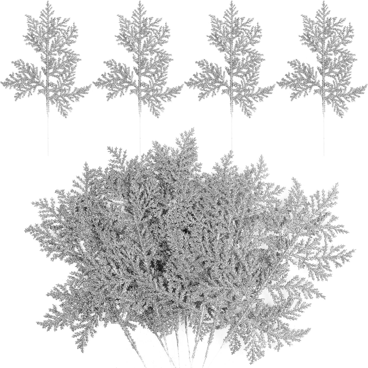 KIMOBER 20PCS Christmas Artificial Pine Needles,Glitter Silver Fake Floral Spray Picks Branches Twig for Xmas Tree Wreath Wedding Bouquet Decoration