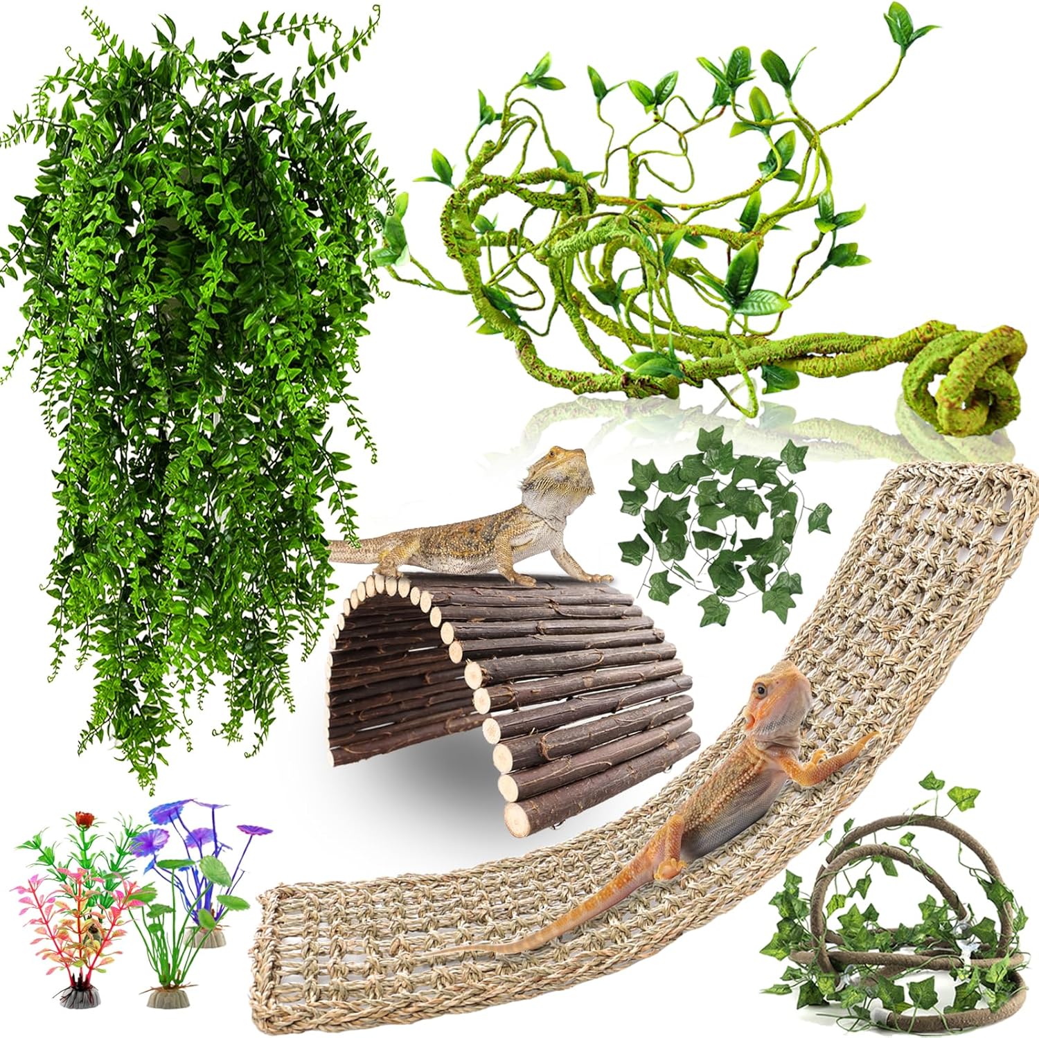 Bearded Dragon Tank Accessories, 10 PCS Reptile Hammock Plants Bridge Jungle Climber Vines for Snakes Bearded Dragon Chameleon Gecko Lizard