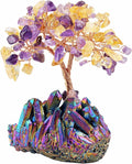 mookaitedecor Citrine & Amethyst Crystal Tree, Quartz Cluster Rainbow Titanium Crystals Base Bonsai Money Tree for Wealth and Luck