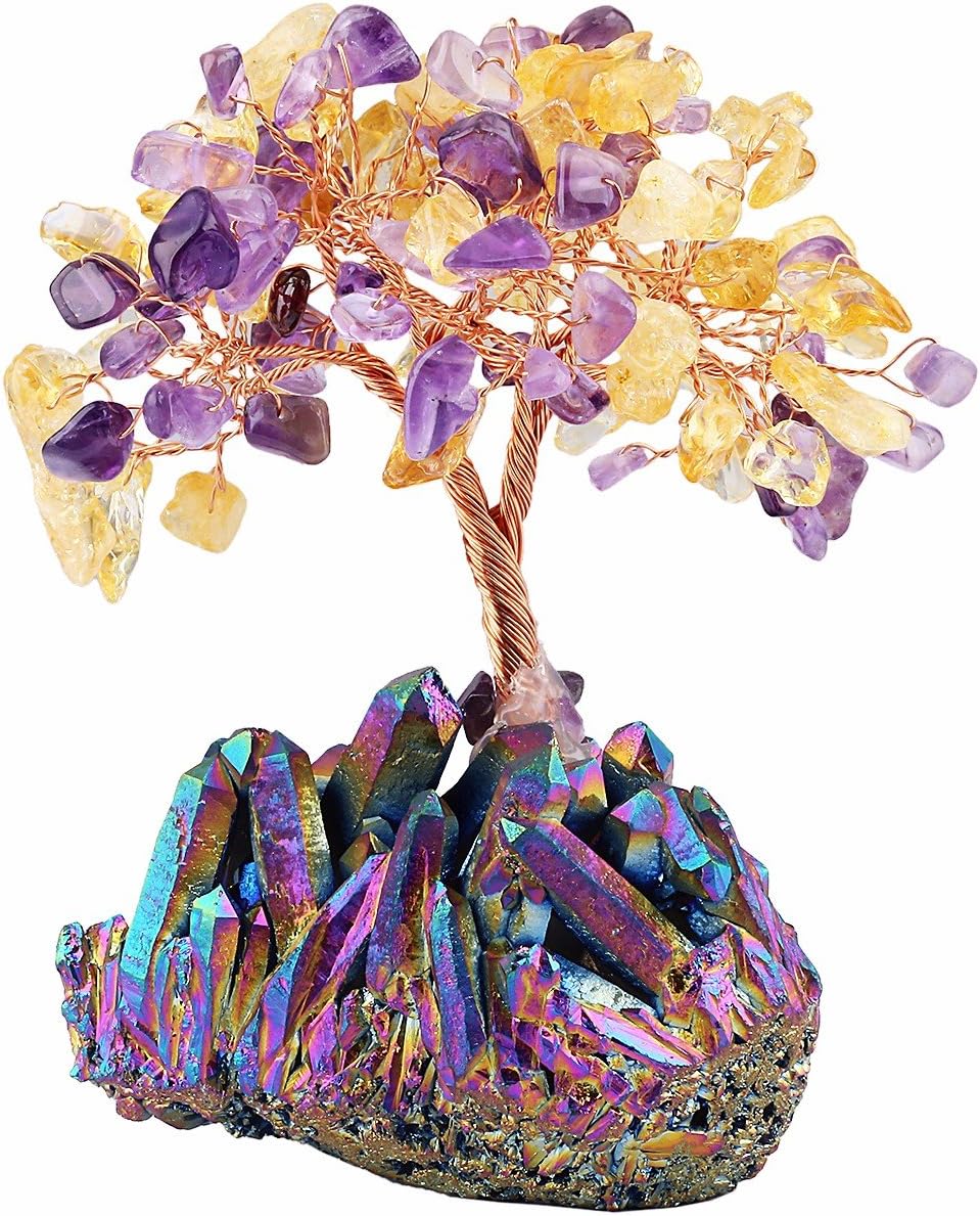 mookaitedecor Citrine & Amethyst Crystal Tree, Quartz Cluster Rainbow Titanium Crystals Base Bonsai Money Tree for Wealth and Luck
