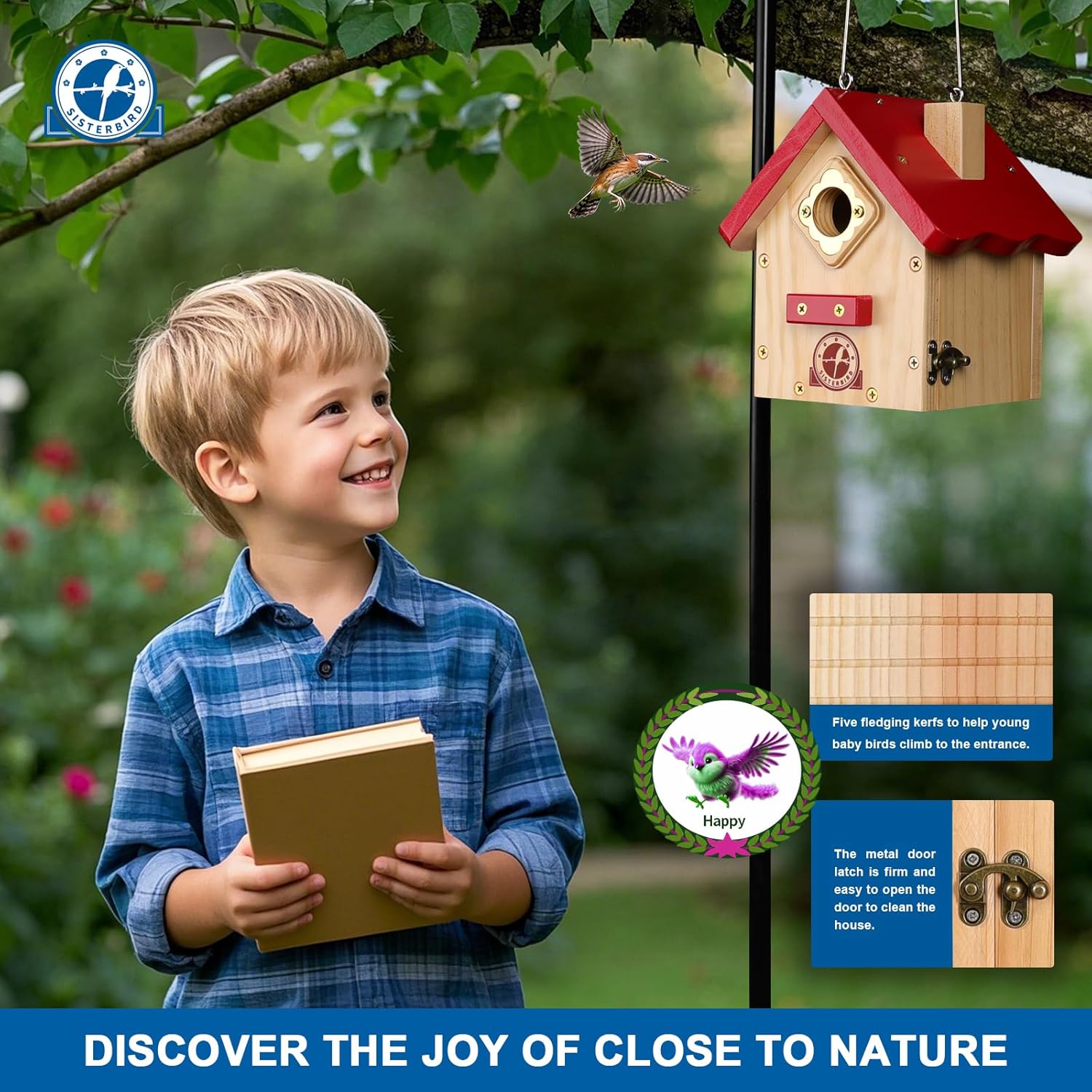 Wren Bird House, Premium Wooden Bird Houses for Outside, Classic Cabin Design Birdhouses for Outdoors, Hanging Bird House, Red-Breasted Nuthatch Wren Chickadee