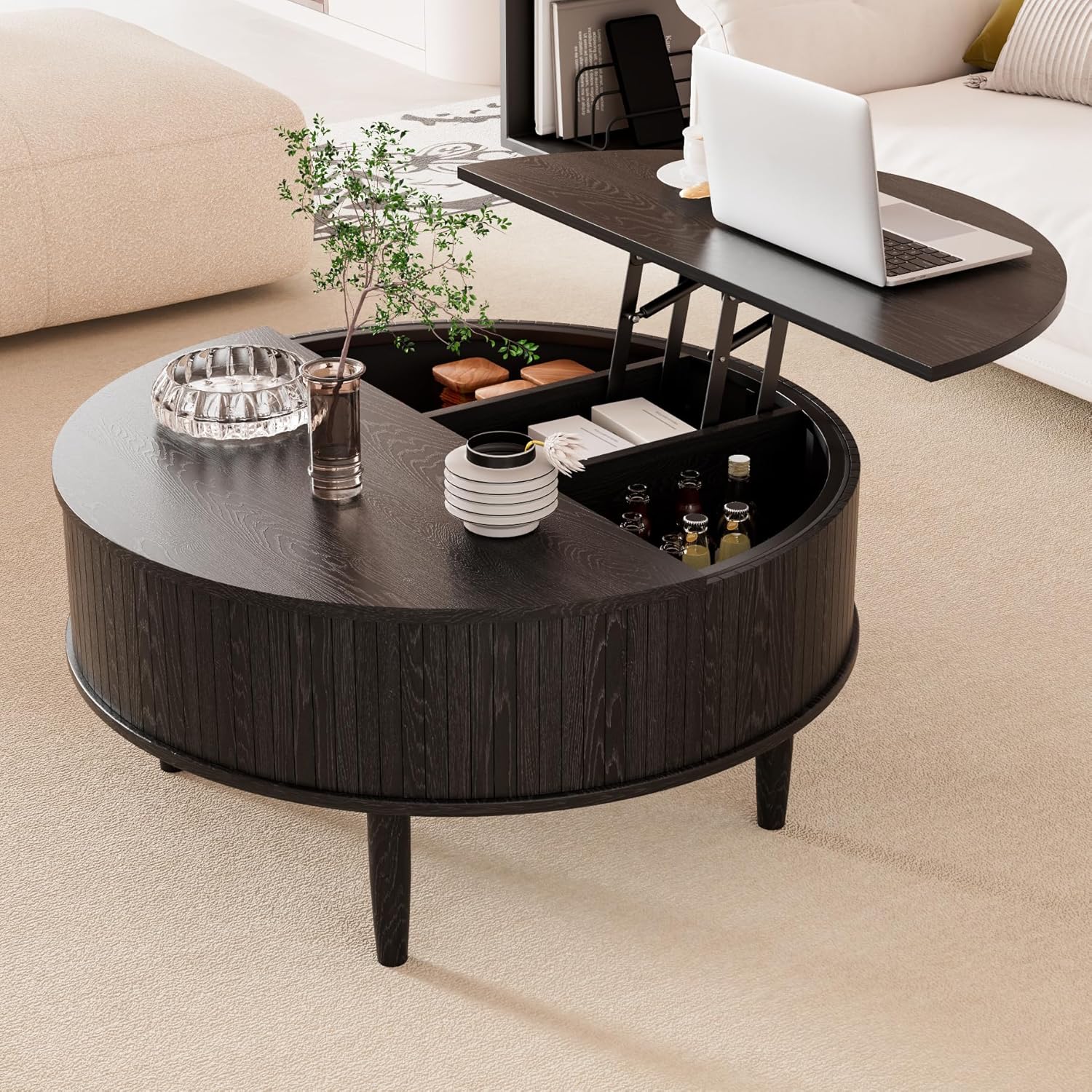 Round Fluted Lift Top Coffee Table with Storage, Mid Century Modern Coffee Table for Living Room, Home Small Space,31.5" Fluted Center Table (Black, 31.5inch)