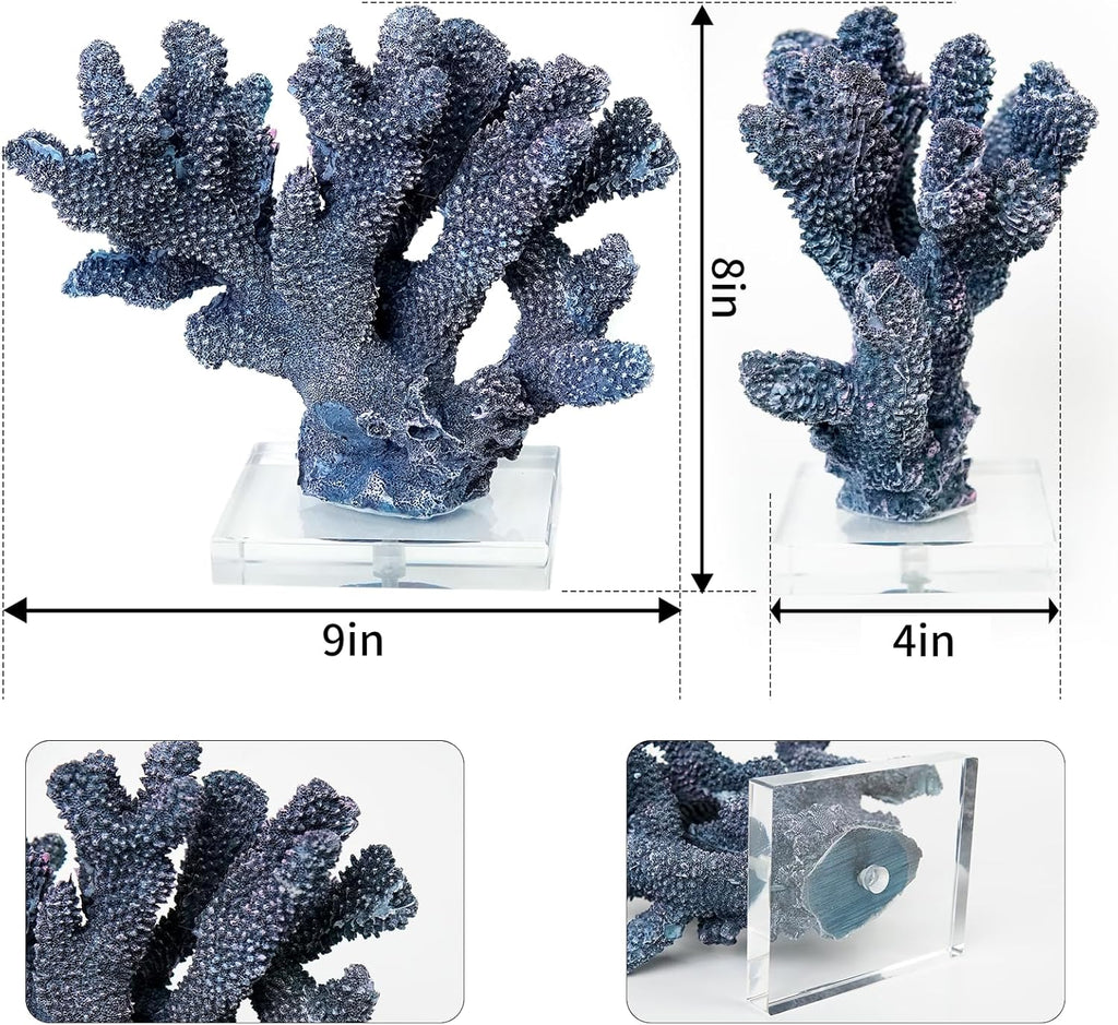 Coral Reef Beach Decor,9'' Width x 8'' High Artificial Resin Coral Reef Statue Decoration for Ocean Coastal Beach Nautical Themed Room Bathroom Decor for Home,RB1004B,Blue
