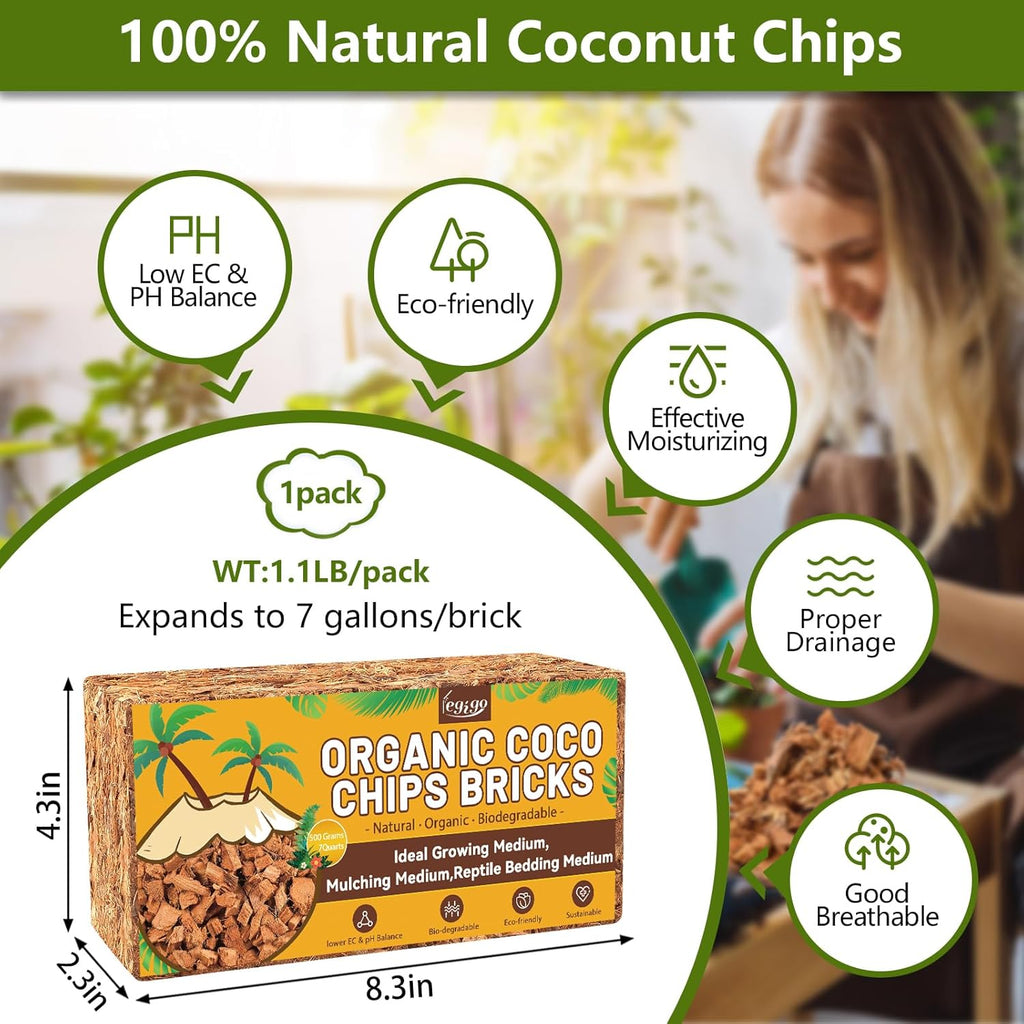 Legigo 1.1 LB Coco Coir Chips for Plants- 100% Organic Coconut Chips Brick Potting Mix with Low EC & PH Balance, Coconut Husk Substrate Coco Husk Mulch for Garden, Planting, Orchid and Soil Mix