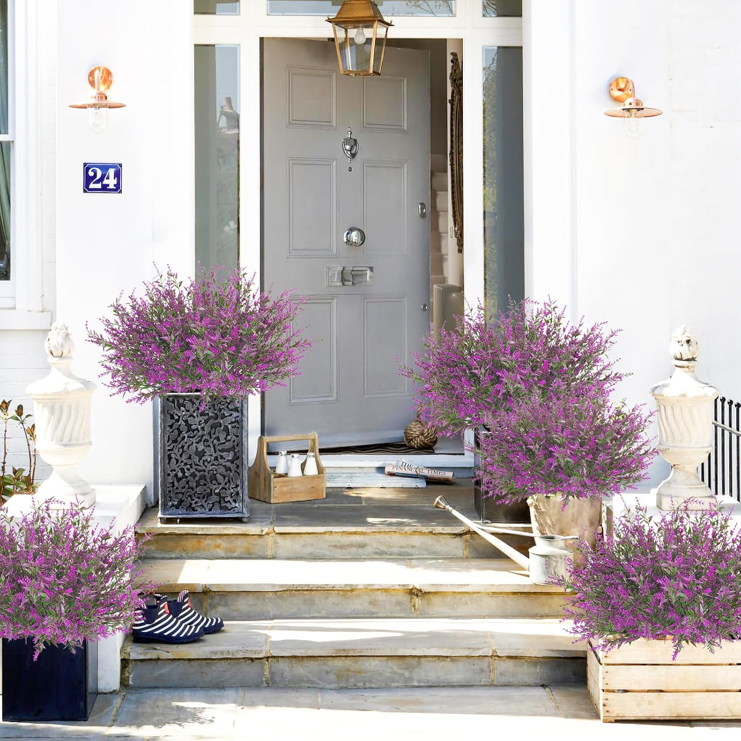42 Pcs Fake Lavender Flowers Outdoor UV Resistant Faux Plastic Lavender Flowers No Fade Artificial Lavender Purple Plants for Outside Garden Porch Window Box Hanging Planter Decor (Fushia)