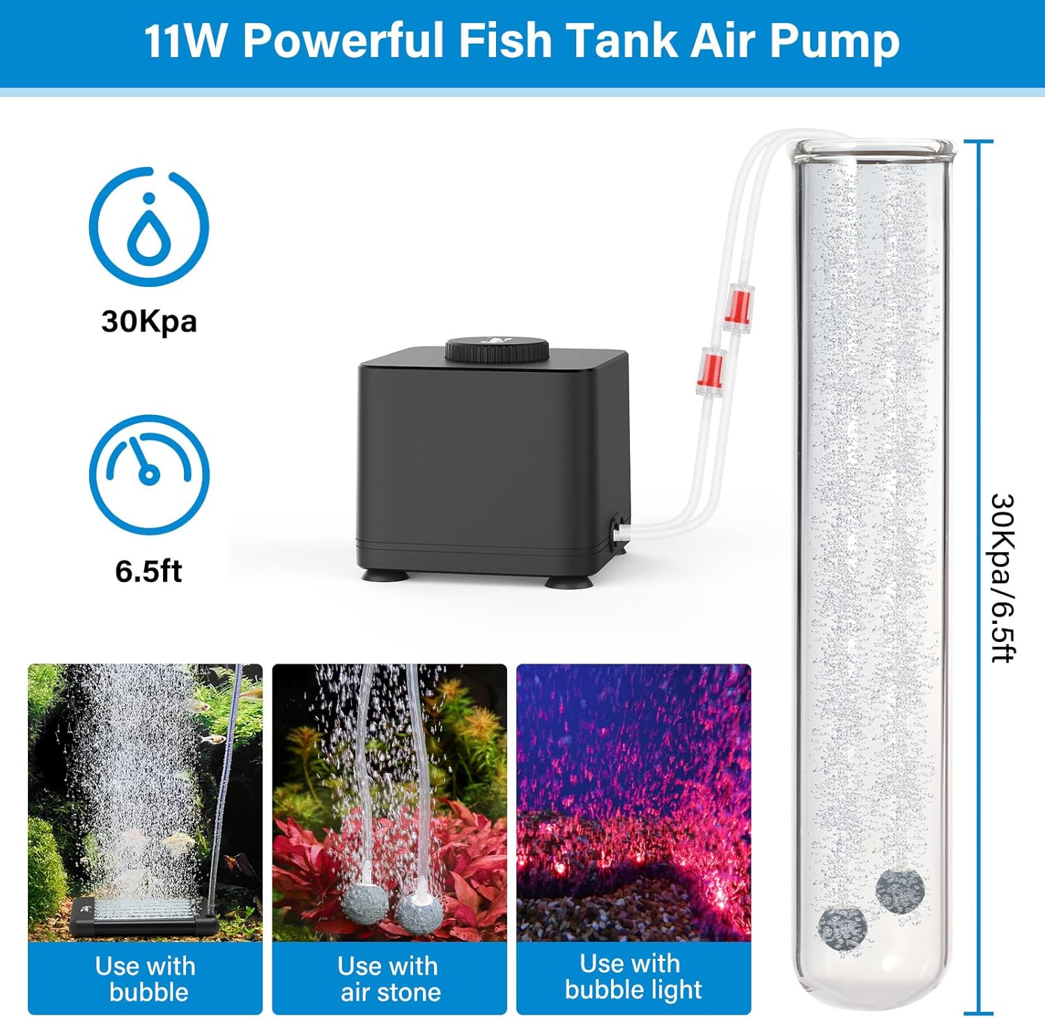 hygger Aquarium Air Pump, Quiet Adjustable Fish Tank Air Pump, 4W/7W/11W Powerful Oxygen Aerator Dual Stainless Steel Outlets with Air Stone Bubbler for Small Medium Large Fish Tank, Hydroponic