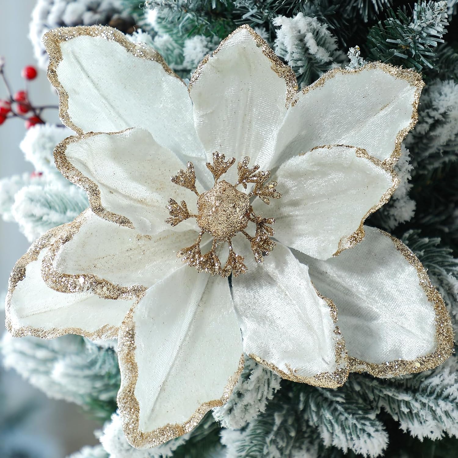 8 Pcs Large Christmas Flower Magnolia Flowers Christmas Tree Decoration Artificial Poinsettia Stems Velvet Xmas Ornaments for Xmas Tree Table Decor(White,12 Inch)