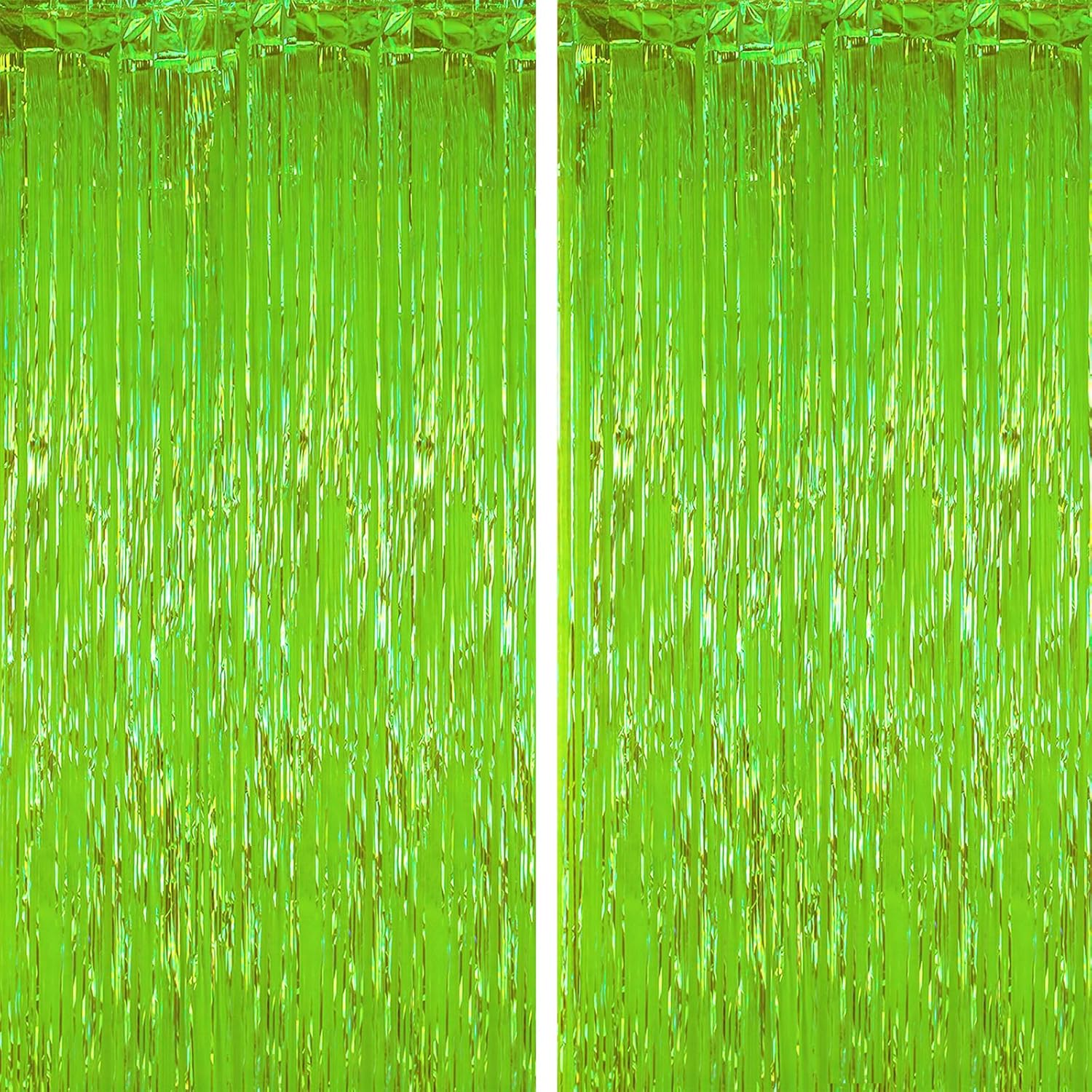 2 Pack Green Iridescent Tinsel Foil Fringe Curtains, Neon Party Decorations, Metallic Tinsel Party Streamers Backdrop for Birthday Baby Shower Halloween Wedding Party Decorations