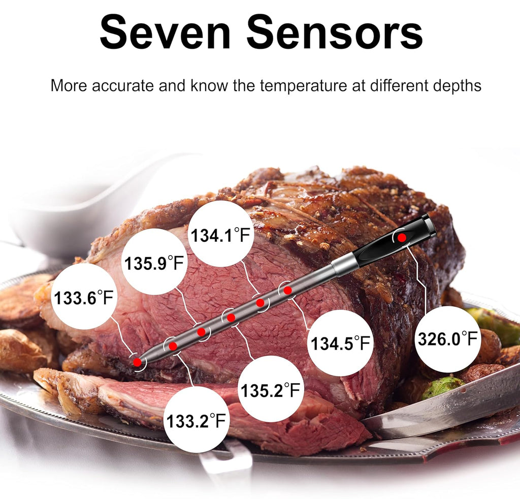 Dual Band WiFi 2.4G+5G Bluetooth Wireless Meat Thermometer, 7 Smart Temperature Sensors, Unlimited Range App Monitoring, 100% Wire-Free Probe for BBQ, Grill, Smoker, Oven & Rotisserie