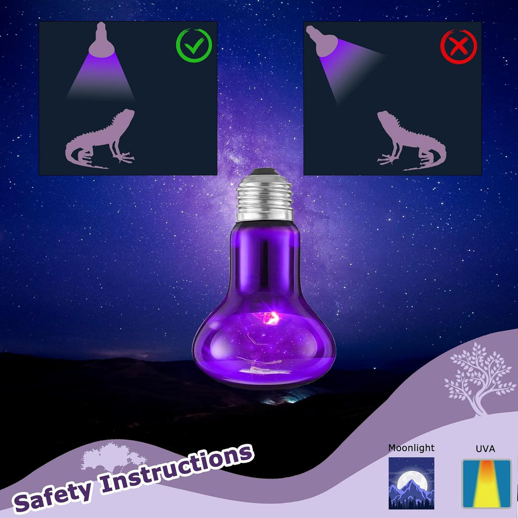 60W Reptile Night Light Bulb – Simulated Moonlight UVA Heat Lamp, Purple Basking Light for Bearded Dragons, Lizards, Snakes, Chameleons, Amphibians - 2-Pack (3.2" Diameter)