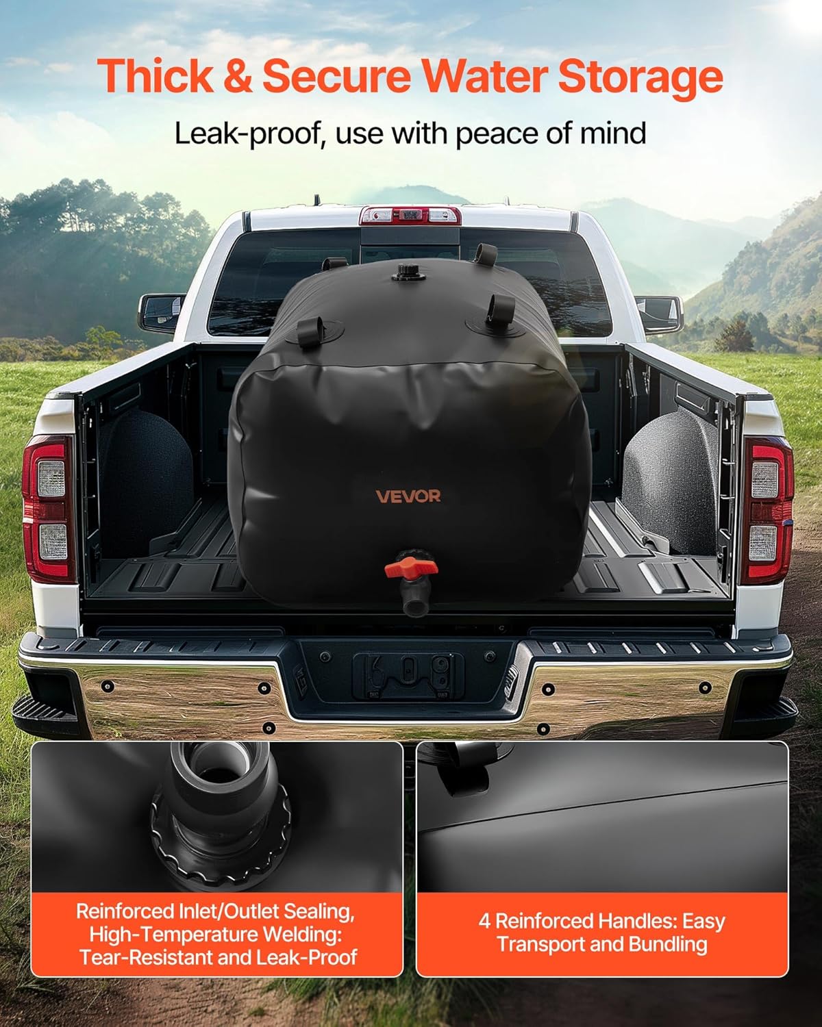 VEVOR Water Storage Bladder, 63.4 Gallon (240L) Water Storage Container Tank, 1000D PVC Large Capacity Soft Bag Bladder, Collapsible Portable for Garden Irrigation, Camping, RVs, Emergency Use - Black