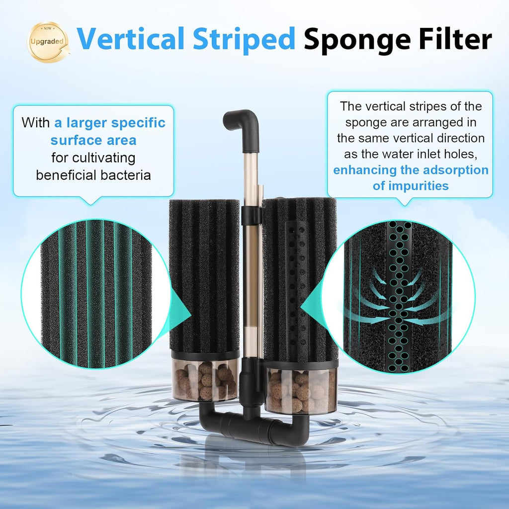 hygger Aquarium Double Sponge Filter: Upgraded Sponge Filter with Larger Filtration Area, Come with Extendable Clip, 2 Spare Biochemical Sponges, Bioceramic Balls, for Freshwater Saltwater Tank - S