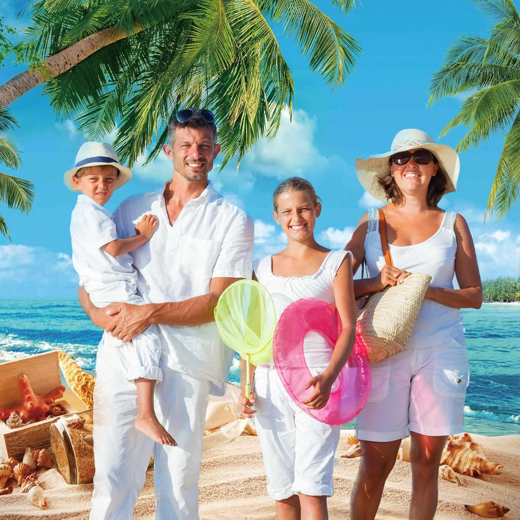 5X7ft Polyester Blue Summer Beach Seaside Sunset Backdrop Tropical Hawaiian Ocean Palm Tree Photography Background for Aloha Luau Party Decoration Supplies Banner Photo Booth Props
