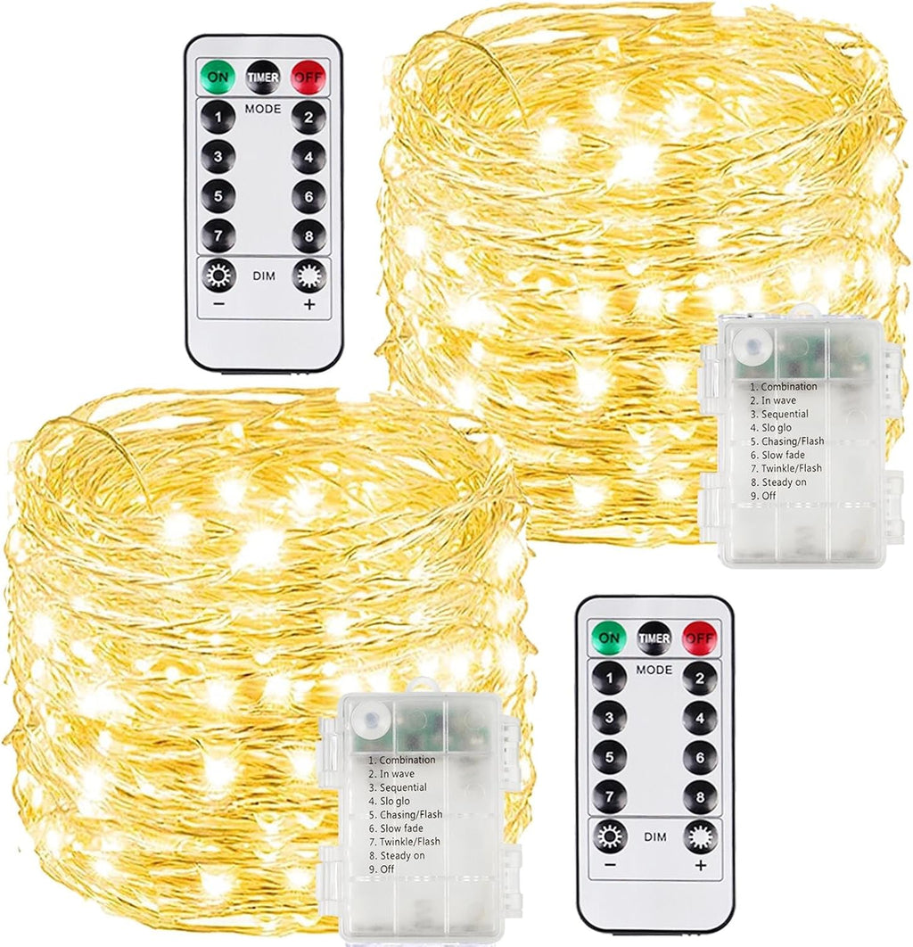 2 Pack 200LED Christmas Battery Operated Fairy Lights with Remote, 8 Modes String Light with Timer, Dimmable, Memory Function, Waterproof Twinkle Lights for Outdoor Indoor Christmas Decor(Warm White)