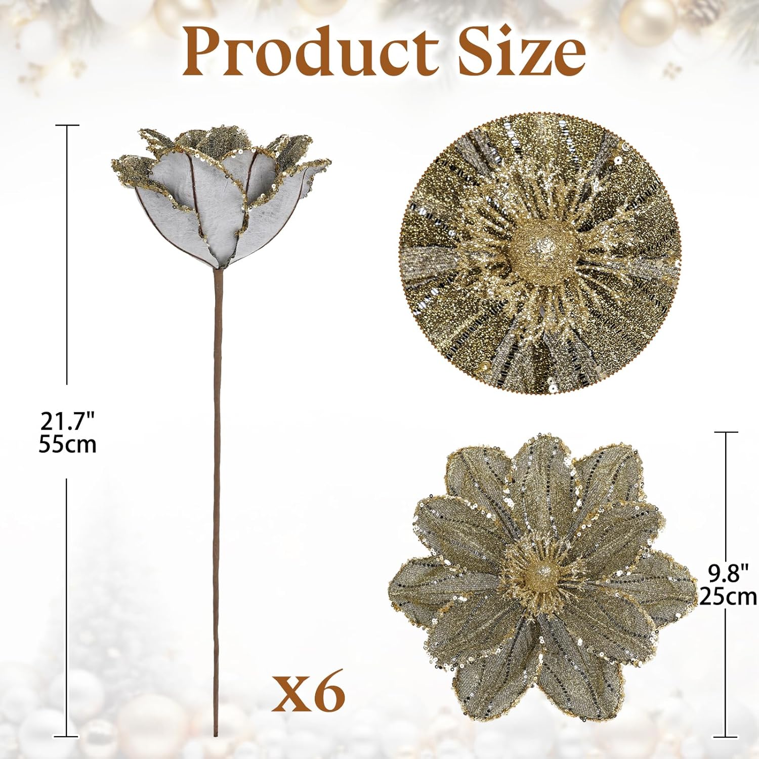 Briful 6PCS Gold Glitter Christmas Flower Picks, 21.7'' Artificial Poinsettia Stems with Sequins & Beads, 9.8'' Blossom Holiday Floral Picks for Tree, Wreath, Centerpiece, Christmas Decoration