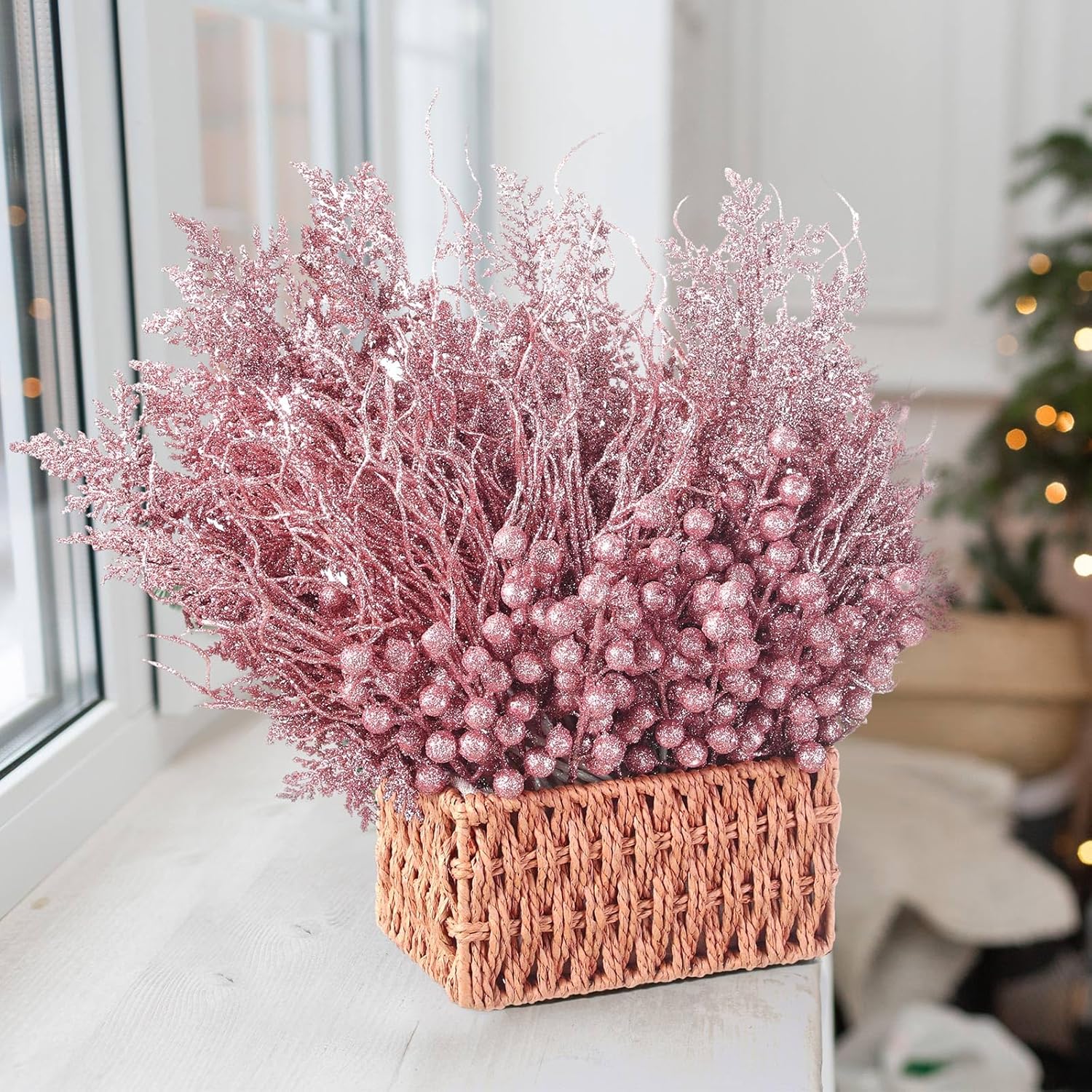 75 Pcs Christmas Glitter Branches 3 Styles Artificial Christmas Picks Berries Stems Pine Needles Floral Twig Spray for Xmas Tree Ornaments DIY Wreath Garland(Pink)