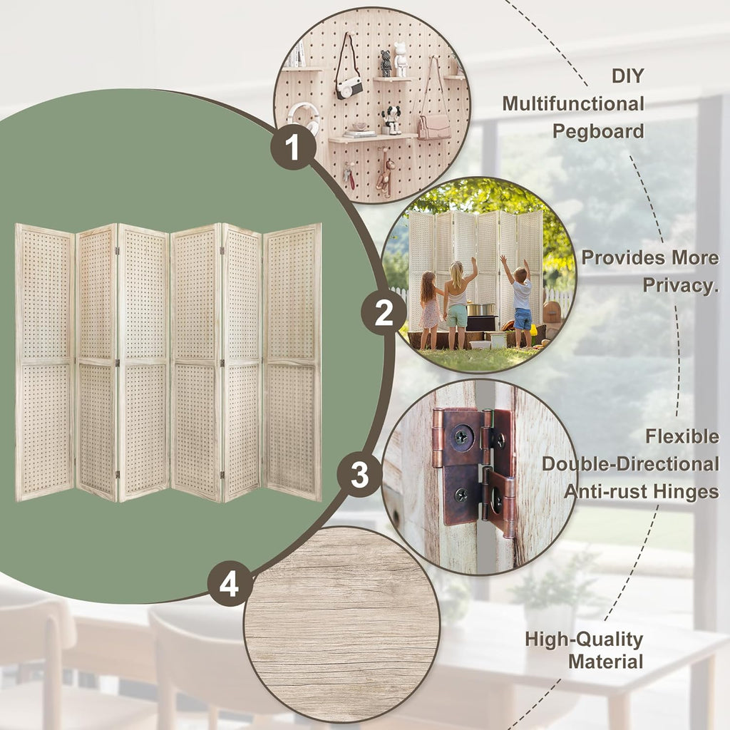 6 Panel Room Dividers 5.6FT Wall Divider with Freestanding Peg Board Display Wooden Folding Privacy Screen Foldable Partition Wall for Studio Apartment, Living Room, Natural Wood