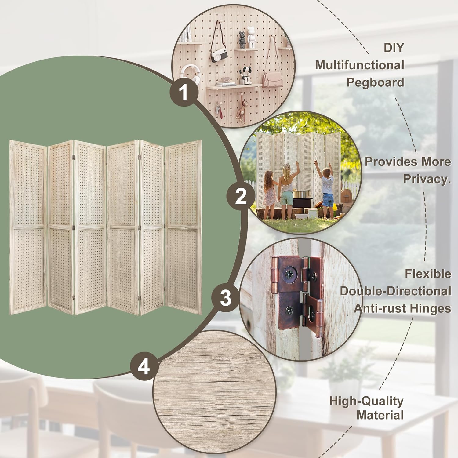 6 Panel Room Dividers 5.6FT Wall Divider with Freestanding Peg Board Display Wooden Folding Privacy Screen Foldable Partition Wall for Studio Apartment, Living Room, Natural Wood