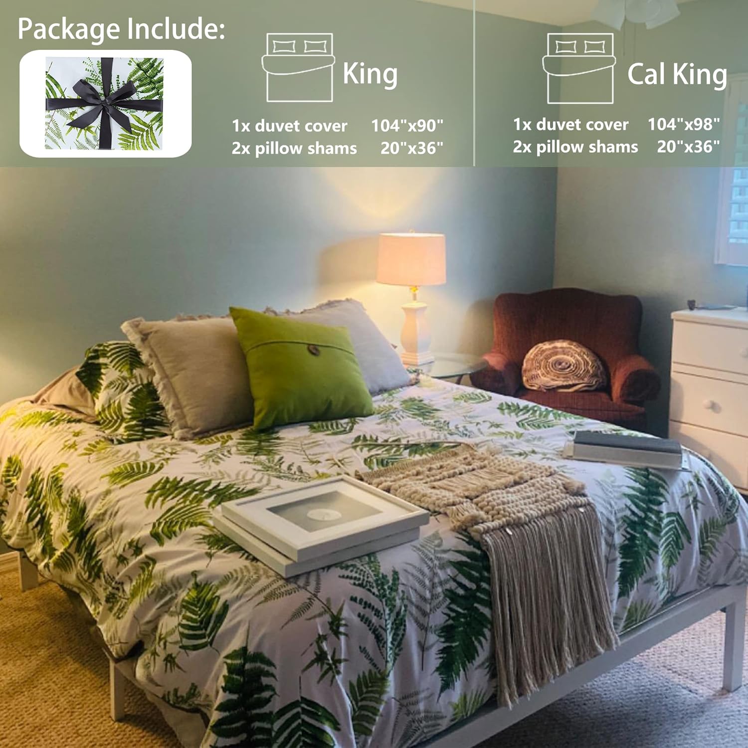 MILDLY 100% Long-Staple Cotton Duvet Cover Set Green Palm Leaf Pattern Printed Comforter Cover 3pcs, Ultra Soft & Breathable Bedding Set