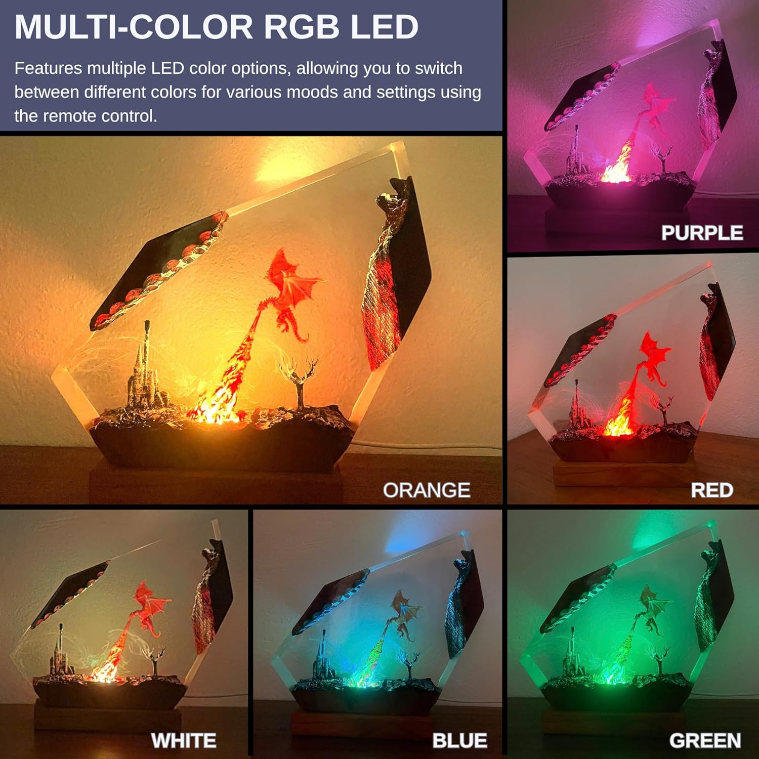 Dragon Resin Lamp – Fantasy Night Light with 16 Color LED, USB Powered Dragon Desk Lamp with Wooden Base & Remote, Handmade Gift for Christmas, New Year