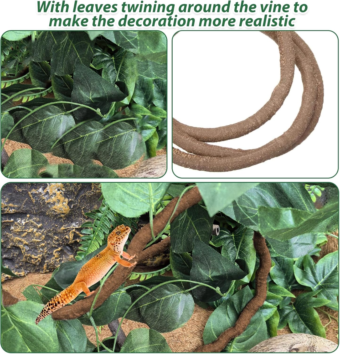 PINVNBY 7 PCS Reptile Plants Vine, Terrarium Hanging Flexible Climbing Artificial Leaves Reptile Hide, Bearded Dragon Tank Accessories, Terrarium Decor for Leopard Gecko Lizard Snake Geckos Chameleon