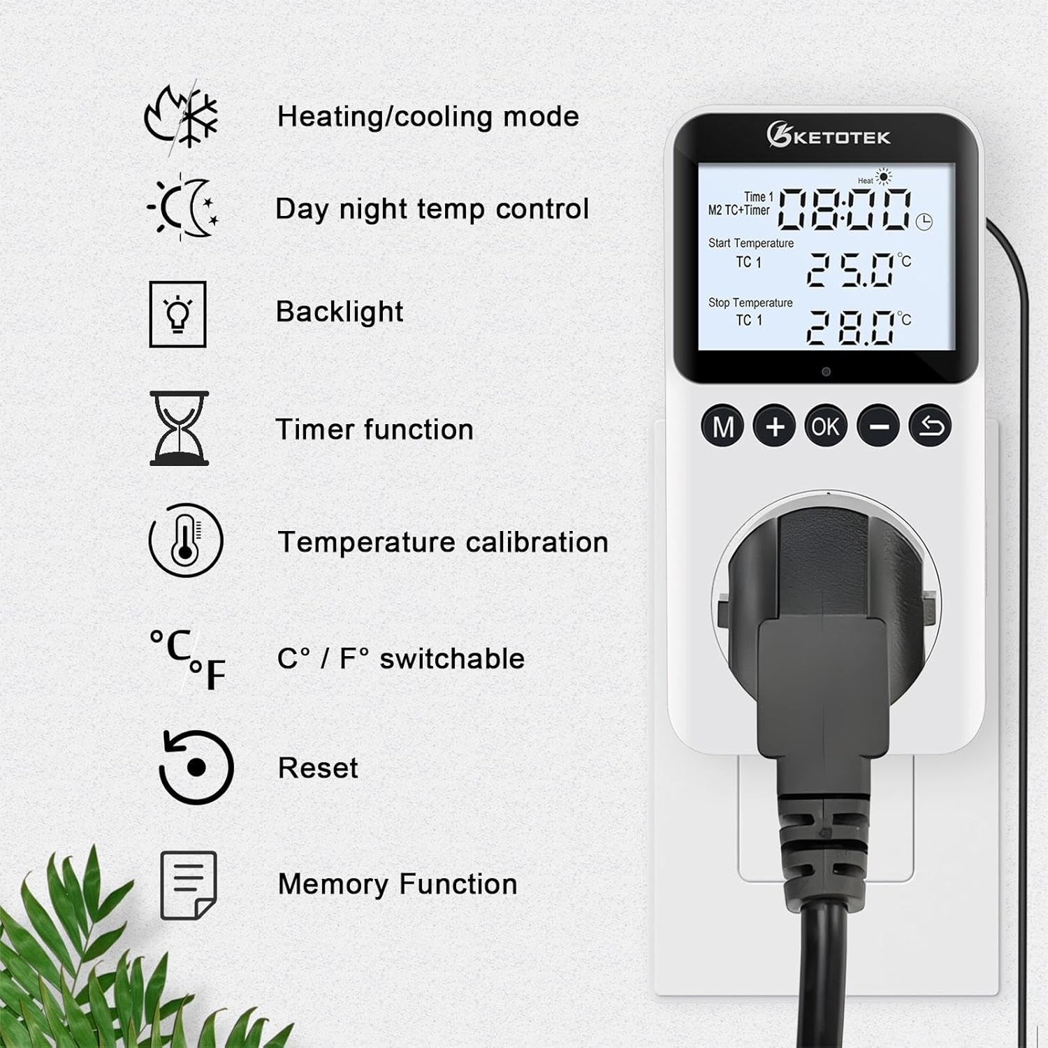 KETOTEK Plug in Thermostat Timer Temperature Controller Outlet with Backlight, Day/Night Thermostat Outlet Plug with Sensor for Reptile Terrarium Greenhouse, Digital Heating Cooling Temperature Switch