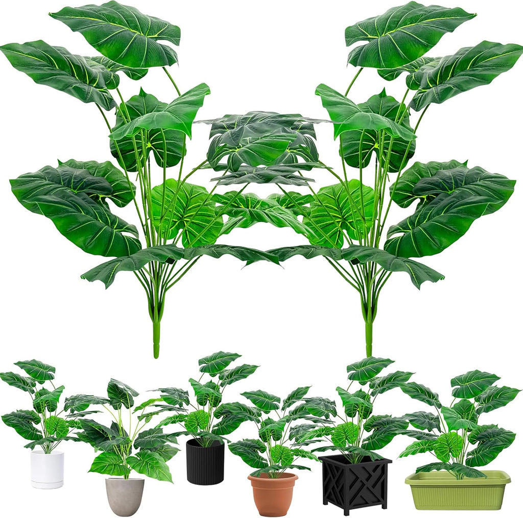Artificial Faux Alocasia Tree Leave Plants - 2PCS 28'' Tall Fake Alocasia Leaf Plant Indoor Outdoor, Large Faux Floor Plant for Living Room Bathroom Bedroom Plants Decor, Farmhouse Home House Decor