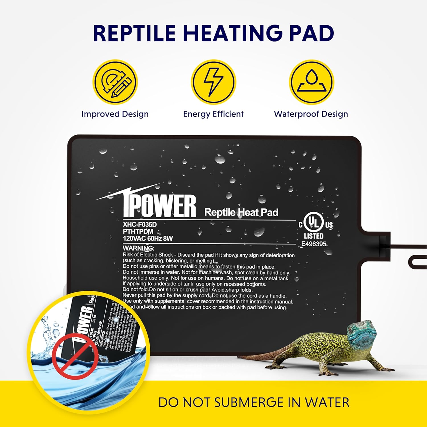 iPower Reptile Heat Pad 6X8 Inch 8W Under Tank Terrarium Warmer Heating Mat for Turtle, Lizard, Frog, Snake, Reptile, and Other Small Animals