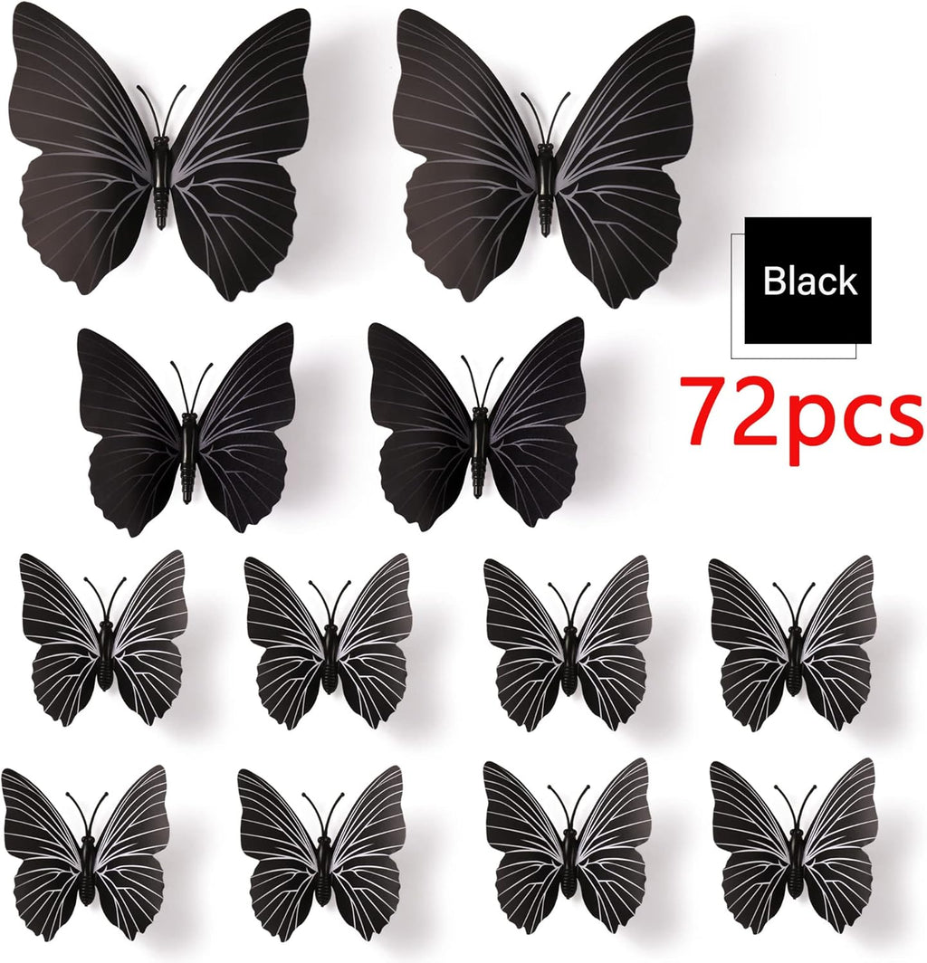 LiveGallery 72 PCS Black Removable 3D DIY Beautiful Butterfly Wall Decals Colorful Butterflies Art Decor Wall Stickers Murals for Kids Baby Boy Girls Bedroom Classroom Offices (Black)