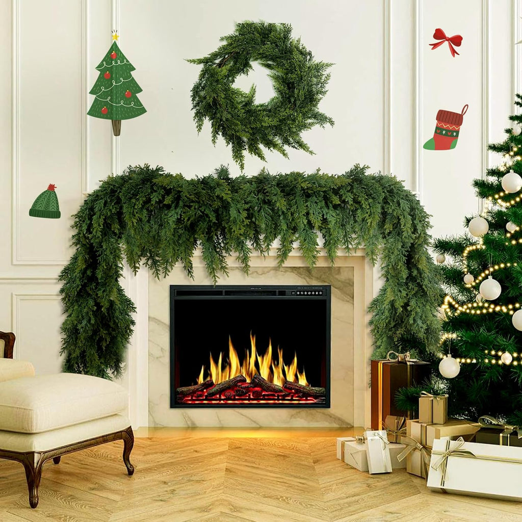 9FT Christmas Garland Decoration, Realistic Artificial Green Faux Cedar Pine Garland Holiday Decor for Outdoor Indoor Green Greenery,Fireplaces Holiday Party Decorations