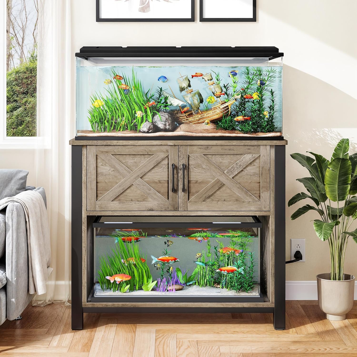 DWVO Heavy Duty Metal Aquarium Stand with Power Outlets, Cabinet for Fish Tank Accessories Storage - Suitable for 40-50 Gallon Fish Tank Stand, Turtle, Reptile Terrarium, 660LBS Capacity, Grey