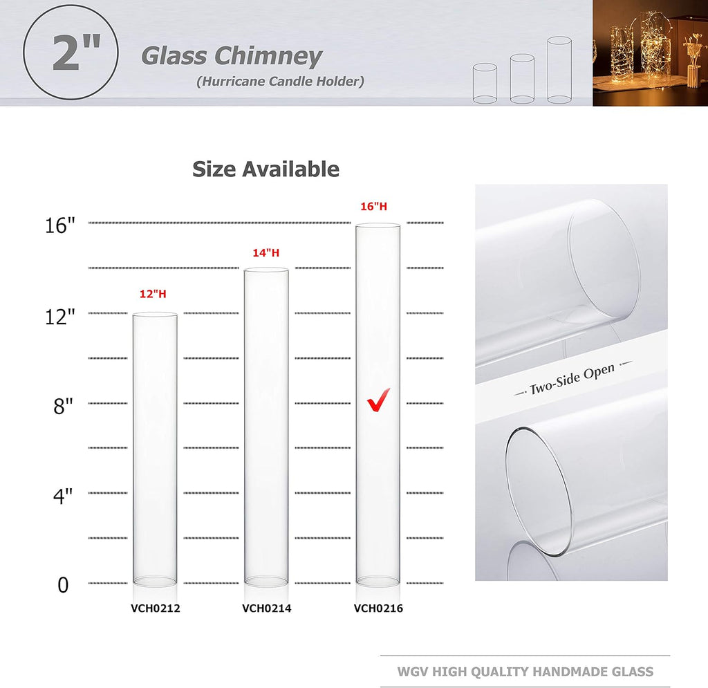 WGVI Hurricane Candle Holder Sleeve, Wide 2", Height 16", Clear Glass Cylinder Candleholder, Chimney Tube, Open Ended Candle Shade, 12 Pieces Bulk