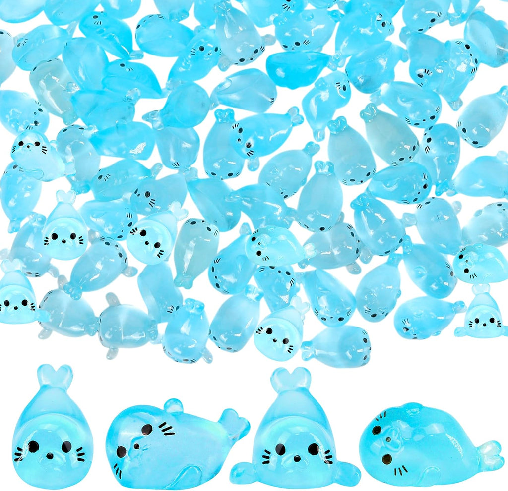 100pcs Glow-in-The-Dark Mini Resin Ocean Animal Decorations – Luminous Seal Figurines for Fairy Garden, Aquarium, Potted Plants, Desk Display & DIY Crafts – Not a Toy
