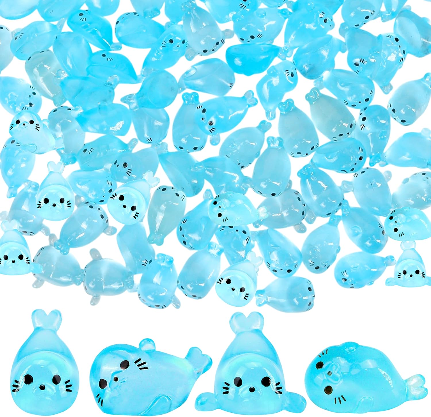 100pcs Glow-in-The-Dark Mini Resin Ocean Animal Decorations – Luminous Seal Figurines for Fairy Garden, Aquarium, Potted Plants, Desk Display & DIY Crafts – Not a Toy