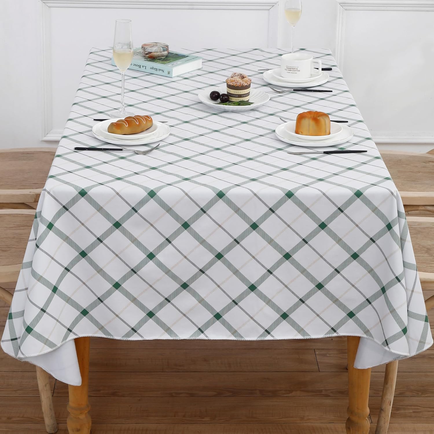 Heavy Duty Vinyl Tablecloth with Flannel Backing Waterproof Oil-Proof Plastic Table Cloth Stain-Resistant Wipeable Rectangle or Square Table Cover for Indoor and Outdoor (Green Plaid,60x84 Inch)