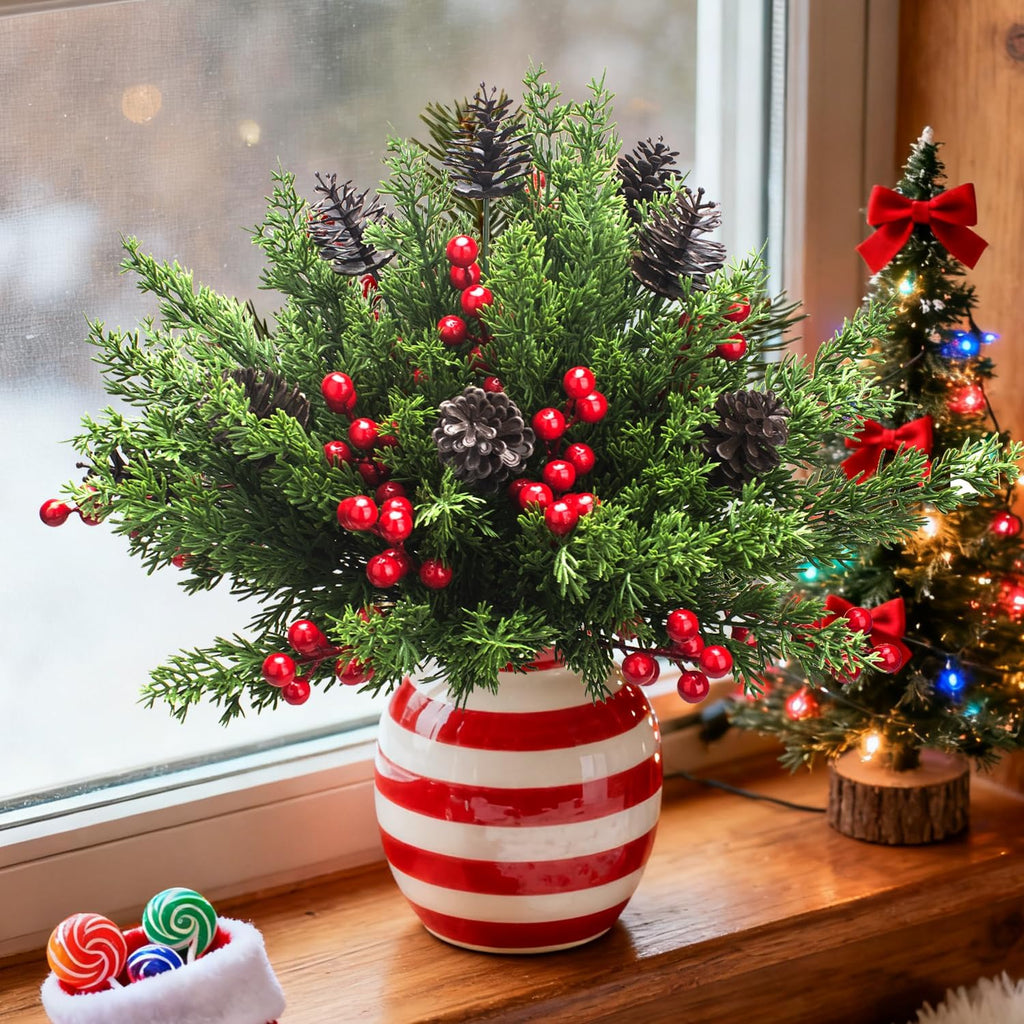 68 Pcs Christmas Decorations Artificial Pine Greenery Picks with Pinecones & Berries, Fake Snowy Mixed Evergreen Branches for Holiday Xmas Tree Mantle Table Centerpiece Decor