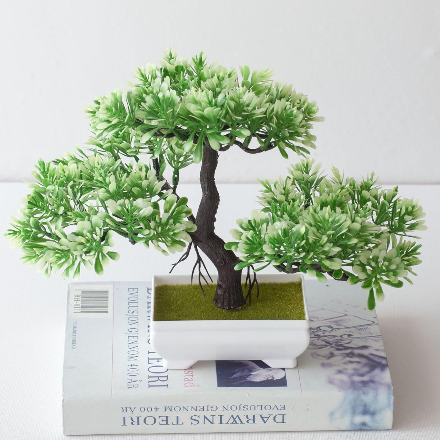 Mini Artificial Bonsai Tree Fake Plants - Artificial Plant Welcome Pine Treewith Plastic Cement Pots for Home Office Décor (White)