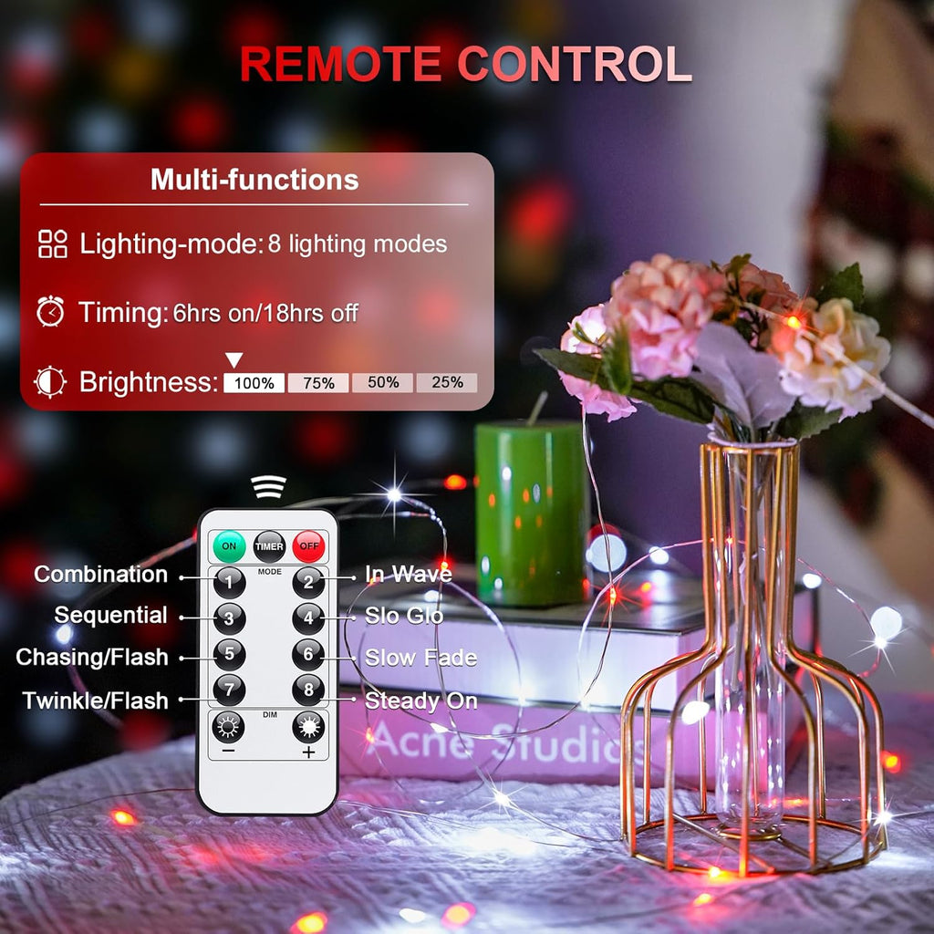 JMEXSUSS 2 Pack Red and White Fairy Lights Battery Operated, Total 200LED 66ft Red and White Christmas Lights with Remote, 8 Modes Battery Powered Twinkle Lights for Bedroom Christmas Tree Decor