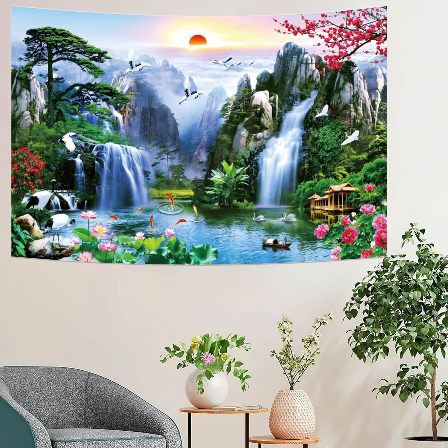 Fabric 8x6ft Zen Garden Backdrop Mountain Waterfalls Sunrise Scenery Photography Background Pine Pavilion Bridge Lotus Crane Spring Flowers Asian Landscape Wallpaper Decoration Photo Props
